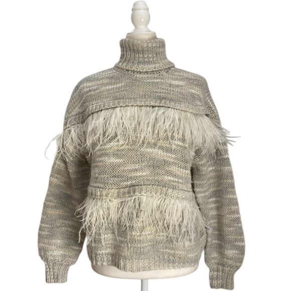 Cinq à Sept Valentina Ostrich Feather Trimmed Turtleneck Wool Blend - Picture 4 of 13